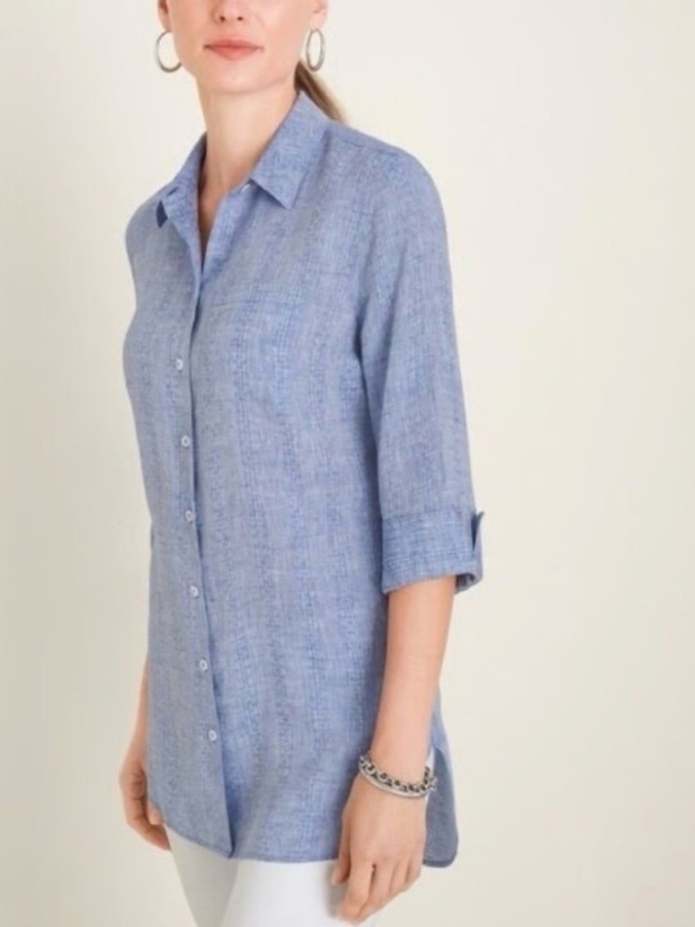 Chico's No Iron Linen Button Down Top Shirt Blue Stripe Woven Lagenlook Classic